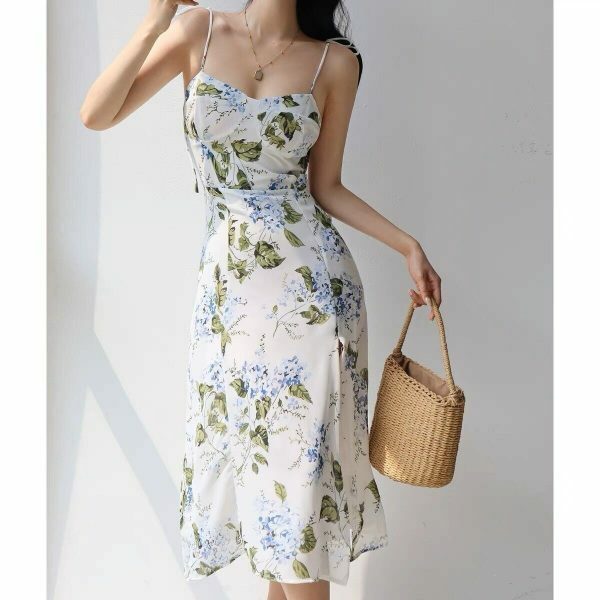 White Midi Tie Strap Chiffon Dress with Green Leaves and Blue Flowers - Y2K Streetwear Aesthetic