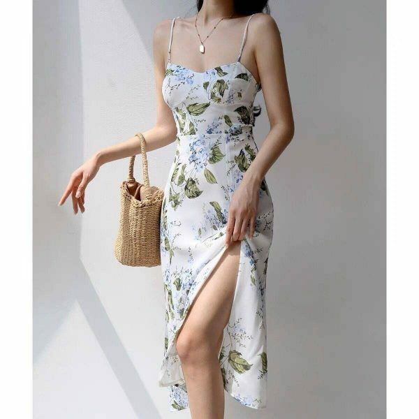 White Midi Tie Strap Chiffon Dress with Green Leaves and Blue Flowers - Y2K Streetwear Aesthetic