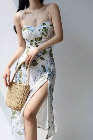 White Midi Tie Strap Chiffon Dress with Green Leaves and Blue Flowers - Y2K Streetwear Aesthetic