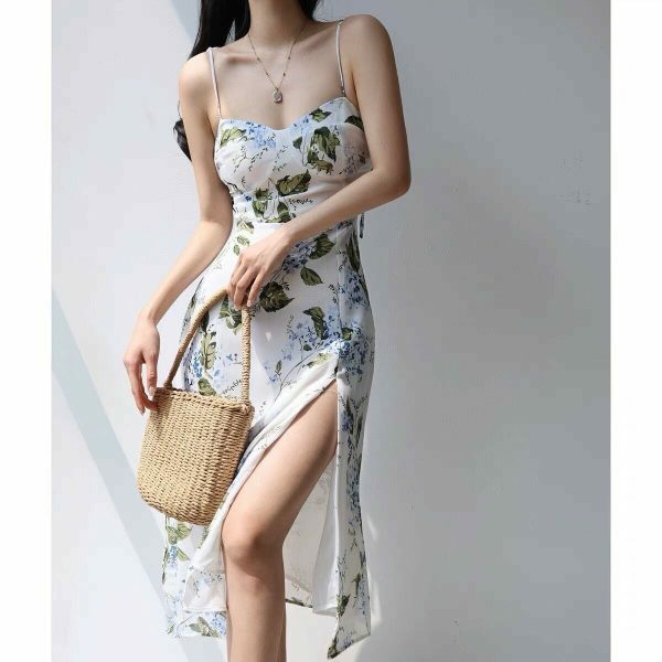 White Midi Tie Strap Chiffon Dress with Green Leaves and Blue Flowers - Y2K Streetwear Aesthetic