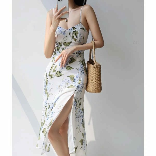 White Midi Tie Strap Chiffon Dress with Green Leaves and Blue Flowers - Y2K Streetwear Aesthetic