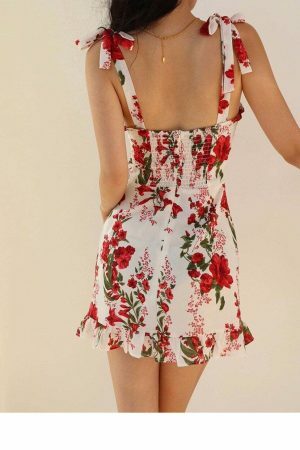 White Mini Dress with Red Flowers Y2K Streetwear Aesthetic