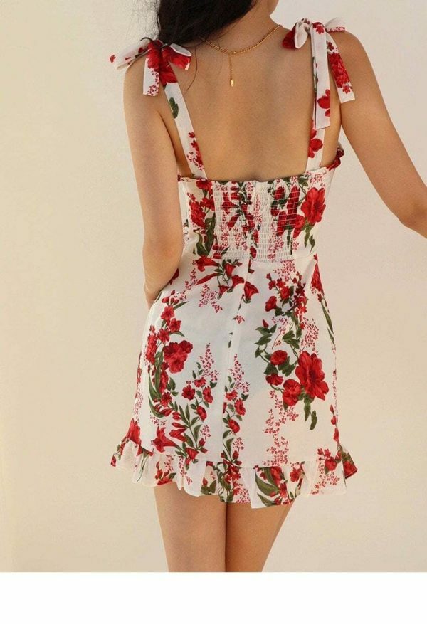 White Mini Dress with Red Flowers Y2K Streetwear Aesthetic