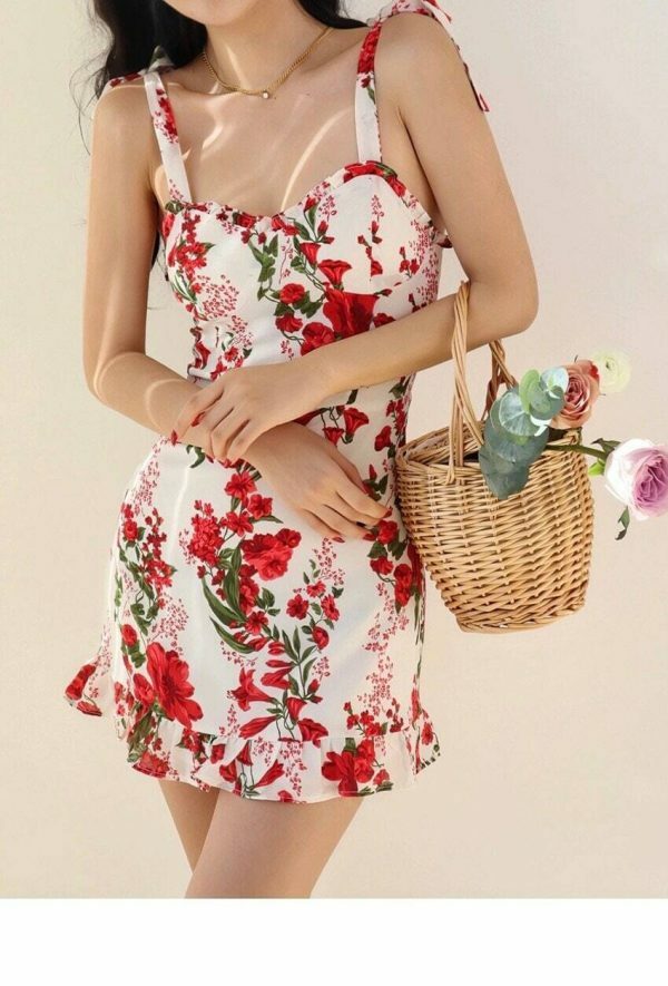 White Mini Dress with Red Flowers Y2K Streetwear Aesthetic