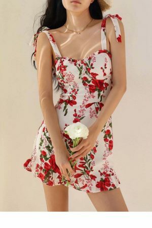 White Mini Dress with Red Flowers Y2K Streetwear Aesthetic