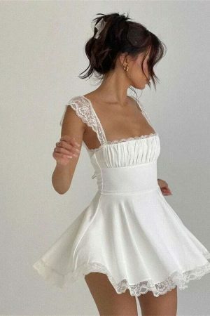 Y2K A-Line Lace Mini Bustier Dress with Corset Strings