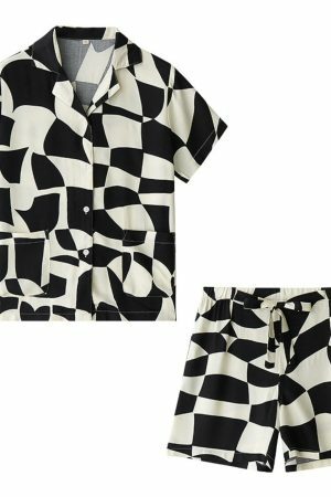 Y2K Abstract Print Two-Piece Set: Short Sleeve Pajamas & Irregular Plaid Cardigan