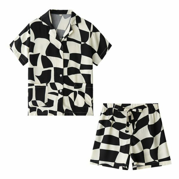 Y2K Abstract Print Two-Piece Set: Short Sleeve Pajamas & Irregular Plaid Cardigan