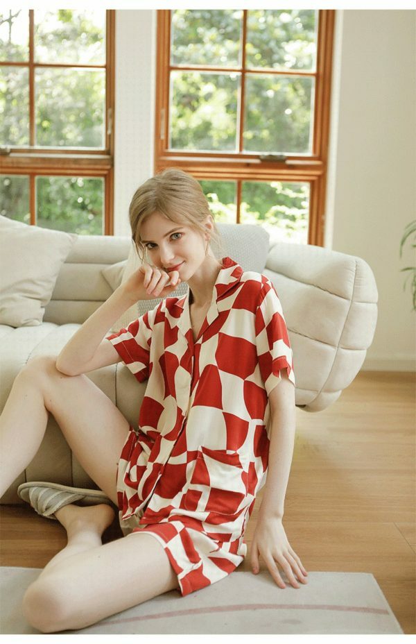 Y2K Abstract Print Two-Piece Set: Short Sleeve Pajamas & Irregular Plaid Cardigan