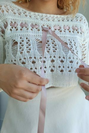 Y2K Aesthetic Crochet Knit Sweater, White Coquette Sweatshirt