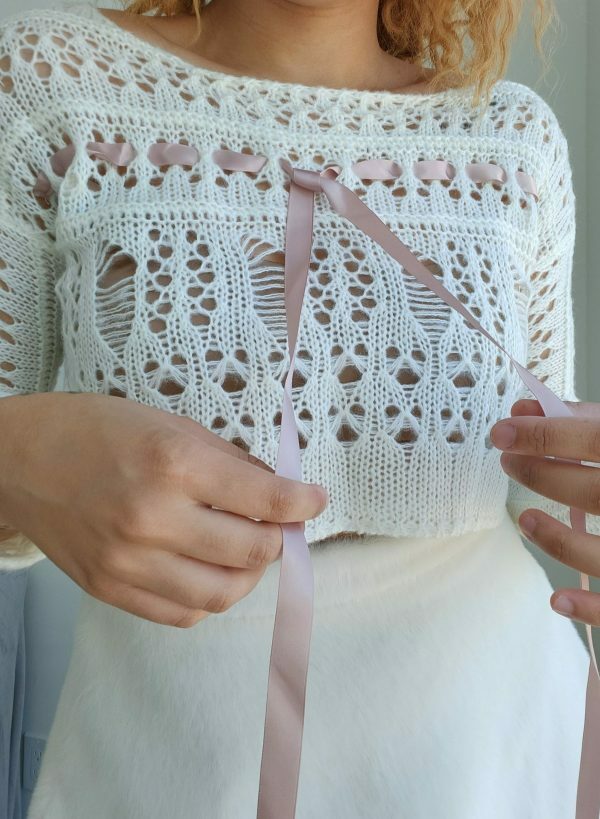 Y2K Aesthetic Crochet Knit Sweater, White Coquette Sweatshirt