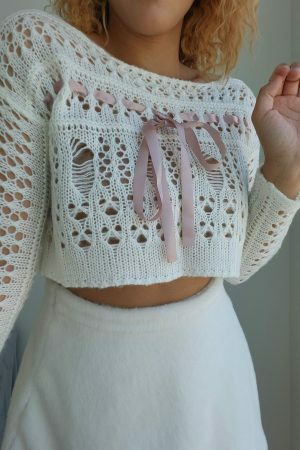 Y2K Aesthetic Crochet Knit Sweater, White Coquette Sweatshirt