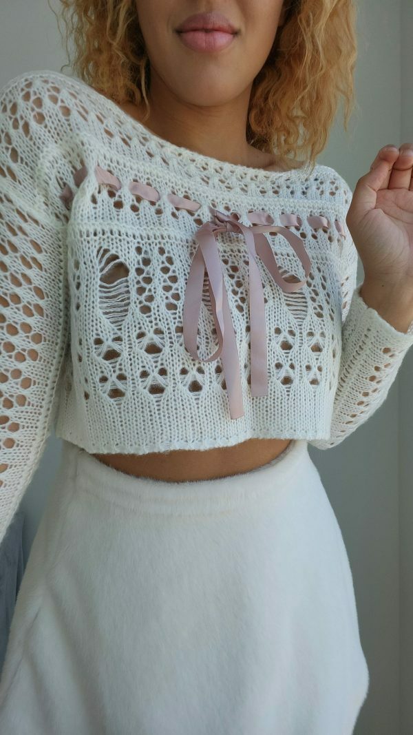 Y2K Aesthetic Crochet Knit Sweater, White Coquette Sweatshirt