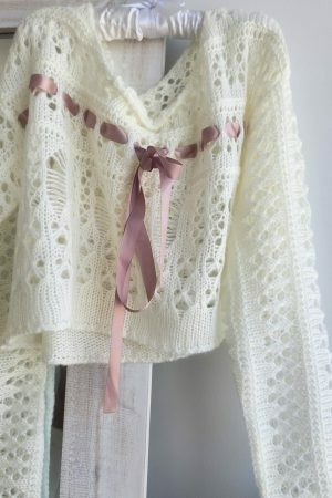 Y2K Aesthetic Crochet Knit Sweater, White Coquette Sweatshirt