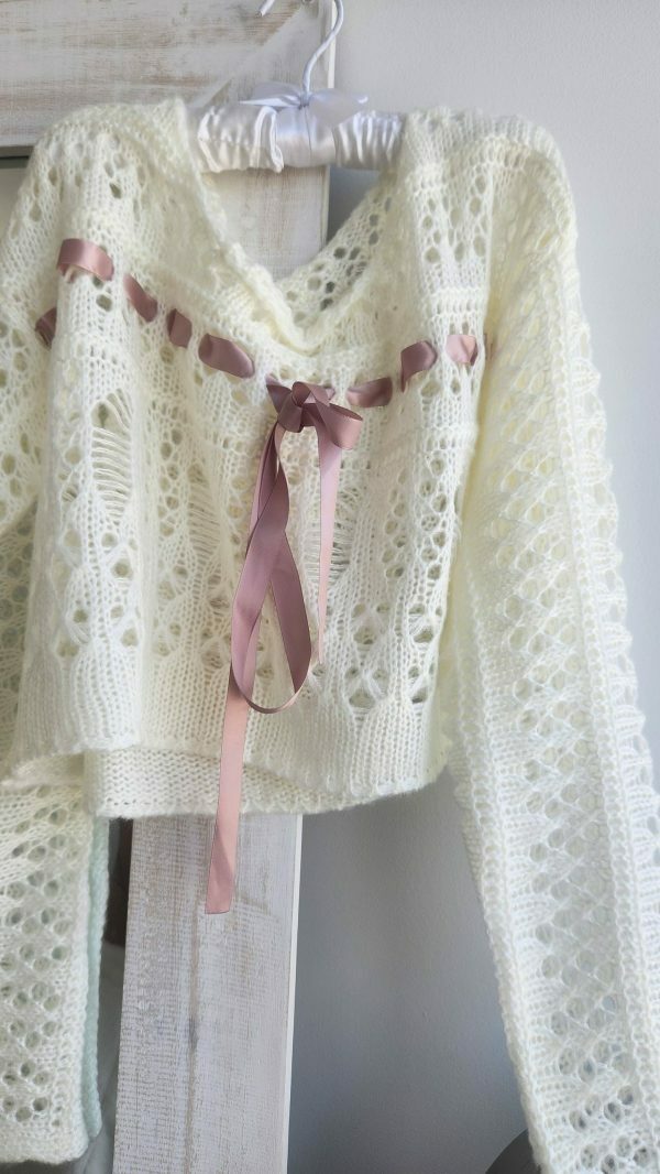 Y2K Aesthetic Crochet Knit Sweater, White Coquette Sweatshirt