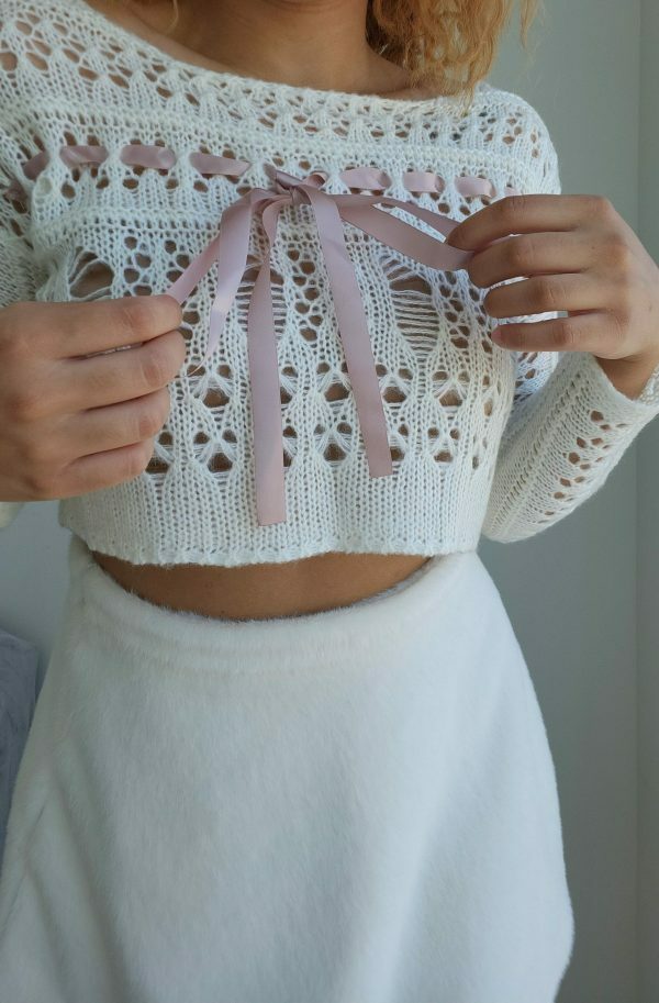 Y2K Aesthetic Crochet Knit Sweater, White Coquette Sweatshirt