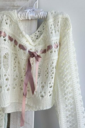 Y2K Aesthetic Crochet Knit Sweater, White Coquette Sweatshirt