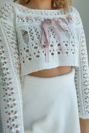 Y2K Aesthetic Crochet Knit Sweater, White Coquette Sweatshirt