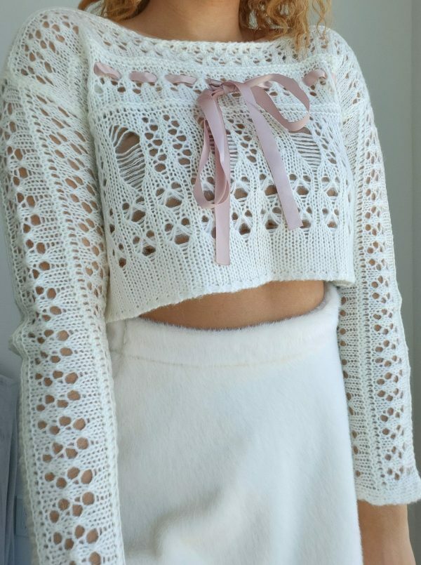 Y2K Aesthetic Crochet Knit Sweater, White Coquette Sweatshirt