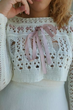 Y2K Aesthetic Crochet Knit Sweater, White Coquette Sweatshirt