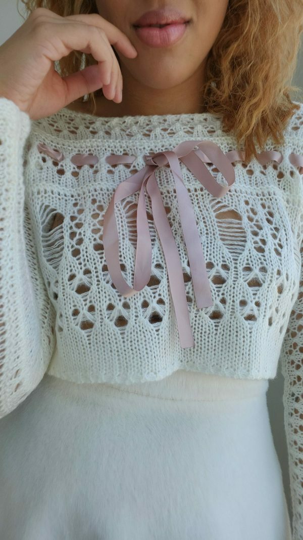 Y2K Aesthetic Crochet Knit Sweater, White Coquette Sweatshirt