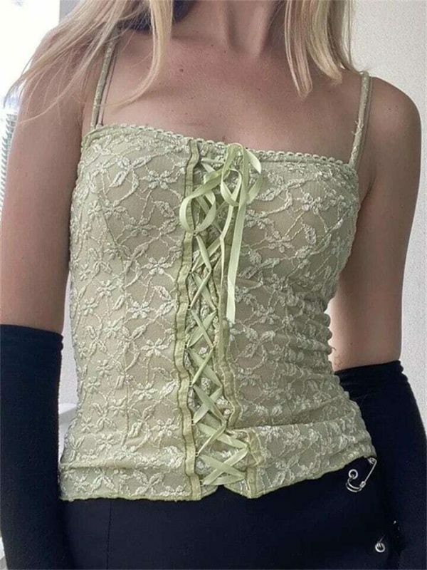 Y2K Aesthetic Ember Green Lace-Up Tank Top