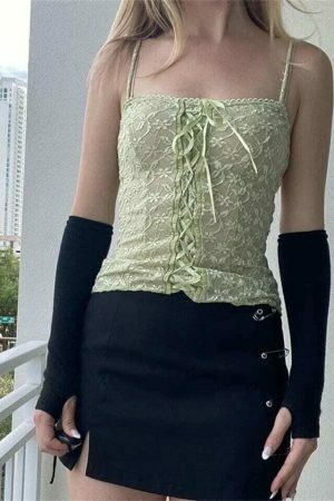 Y2K Aesthetic Ember Green Lace-Up Tank Top