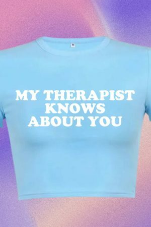 Y2K Aesthetic Funny Slogan Crop Tee | Therapist Knows About You | Punk Graphic T-Shirt