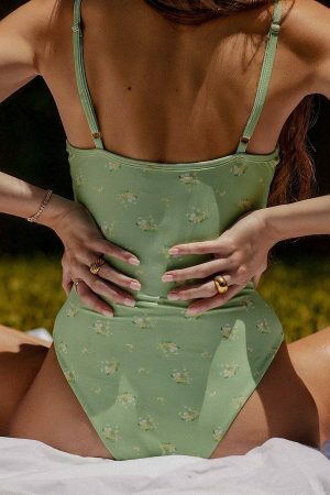 Y2K Aesthetic Green One Piece Swimsuit for Women, Streetwear Style with Underwire