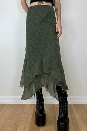 Y2K Aesthetic High Waist Green Midi Skirt - Streetwear Fashion