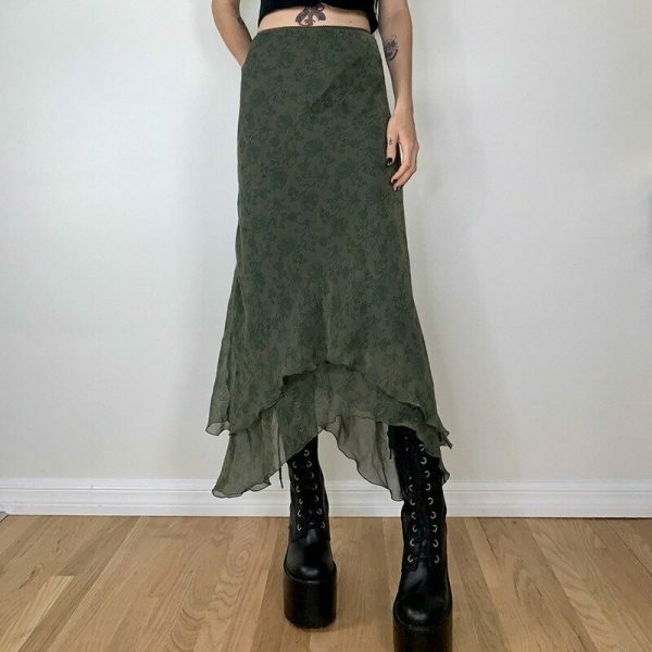 Y2K Aesthetic High Waist Green Midi Skirt - Streetwear Fashion