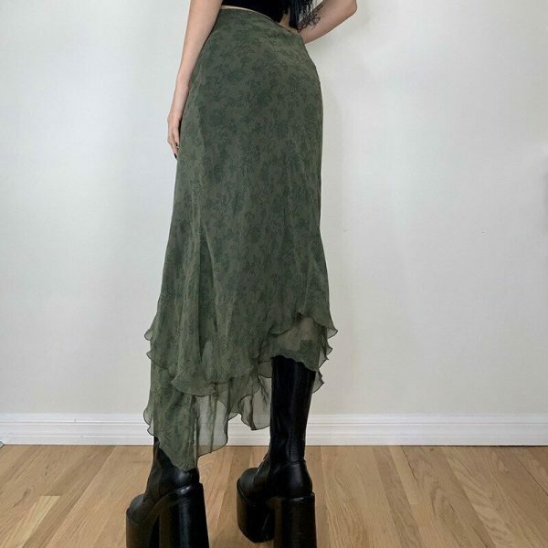 Y2K Aesthetic High Waist Green Midi Skirt - Streetwear Fashion