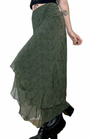 Y2K Aesthetic High Waist Green Midi Skirt - Streetwear Fashion