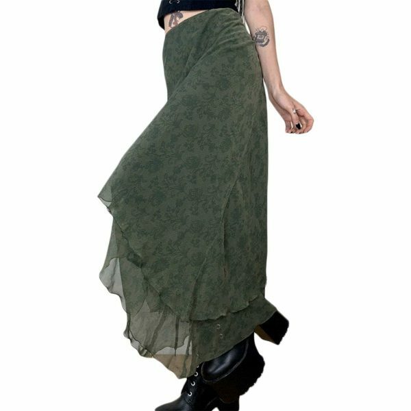 Y2K Aesthetic High Waist Green Midi Skirt - Streetwear Fashion