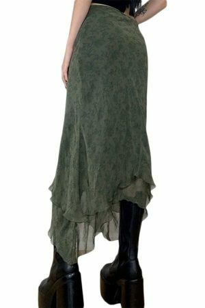 Y2K Aesthetic High Waist Green Midi Skirt - Streetwear Fashion