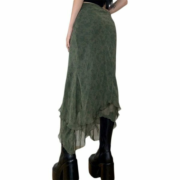 Y2K Aesthetic High Waist Green Midi Skirt - Streetwear Fashion