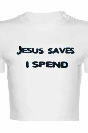 Y2K Aesthetic Jesus Saves Baby Tee, Funny Slogan Crop Top