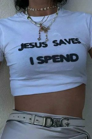 Y2K Aesthetic Jesus Saves Baby Tee, Funny Slogan Crop Top