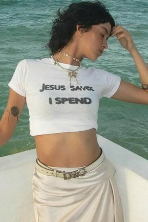 Y2K Aesthetic Jesus Saves Baby Tee, Funny Slogan Crop Top