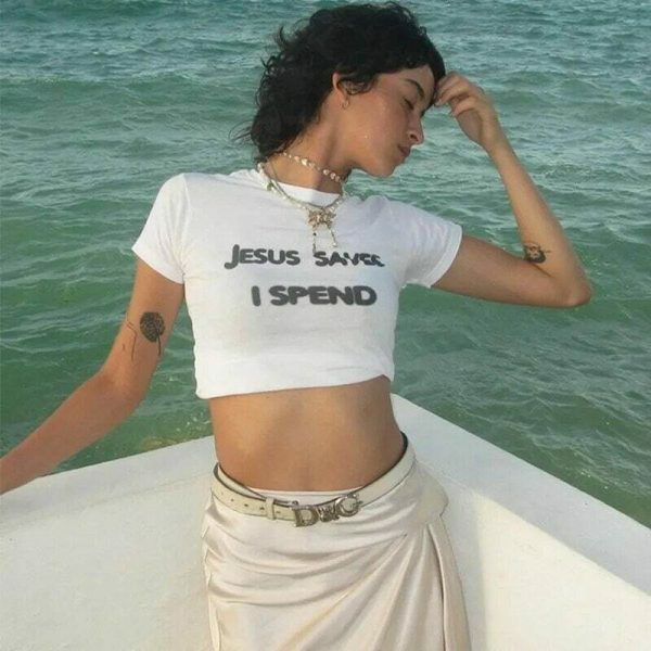 Y2K Aesthetic Jesus Saves Baby Tee, Funny Slogan Crop Top