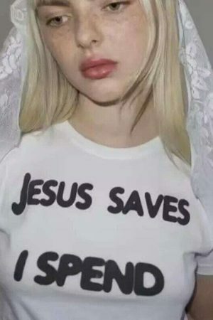 Y2K Aesthetic Jesus Saves Baby Tee, Funny Slogan Crop Top