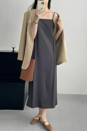 Y2K Aesthetic Korean Chic Apricot Spaghetti Strap Long Dress