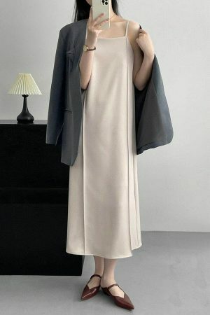 Y2K Aesthetic Korean Chic Apricot Spaghetti Strap Long Dress