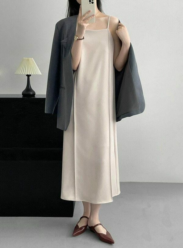 Y2K Aesthetic Korean Chic Apricot Spaghetti Strap Long Dress