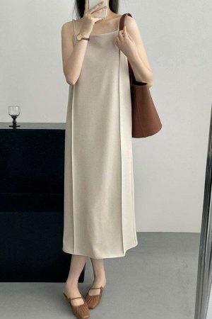 Y2K Aesthetic Korean Chic Apricot Spaghetti Strap Long Dress