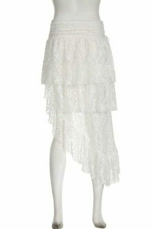 Y2K Aesthetic Lace Asymmetrical Skirt with Floral Crochet