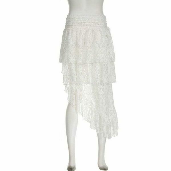 Y2K Aesthetic Lace Asymmetrical Skirt with Floral Crochet