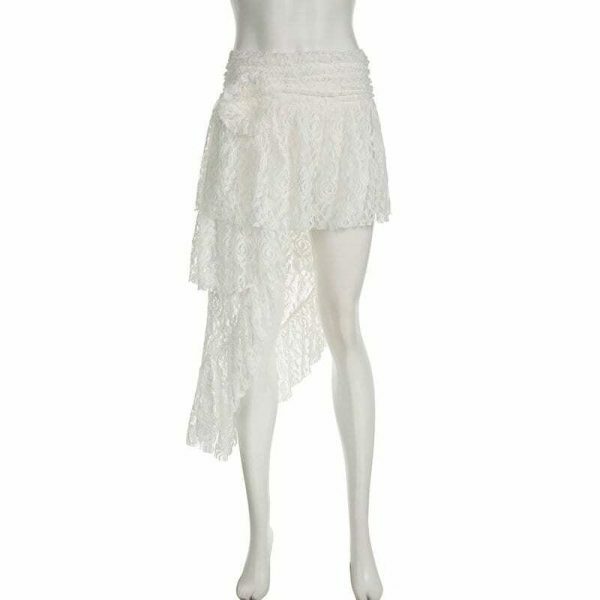 Y2K Aesthetic Lace Asymmetrical Skirt with Floral Crochet