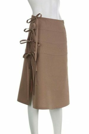 Y2K Aesthetic Lace-Up Split Long Skirt with Bow Detail