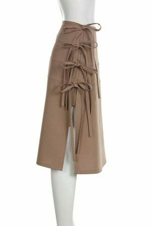 Y2K Aesthetic Lace-Up Split Long Skirt with Bow Detail